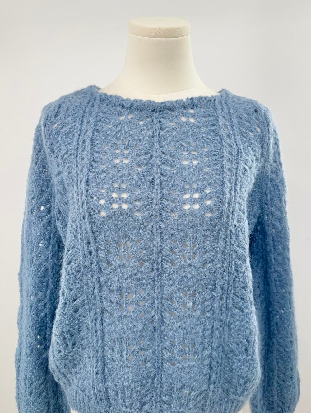 Sezane Blue Pointelle Kid Mohair & Wool Sweater Crocheted Lace Knit XS